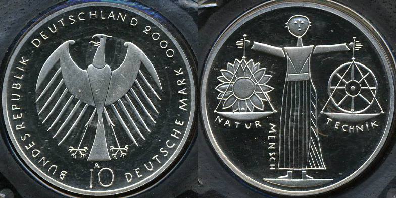 Германия (ФРГ). 10 марок. 2000 (A) (Proof. Серебро)