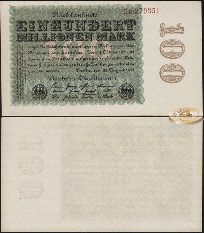Германия (Веймарская респ.). 100000000 марок (Unc) 1923