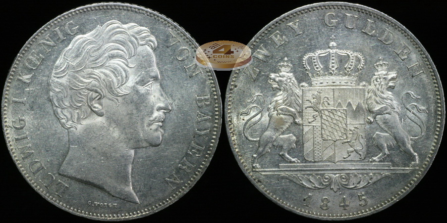 Германия (Бавария). 2 гульдена. 1845 (XF+. Серебро)