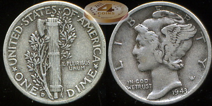 США. 10 центов (Дайм). 1943.D (XF. Серебро)