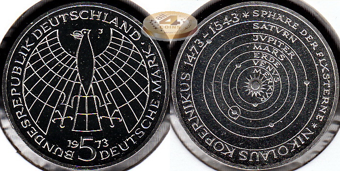 Германия (ФРГ). 5 марок. 1973 J (Proof. Серебро)