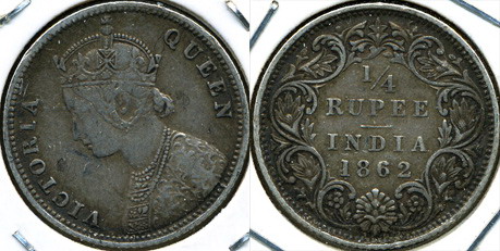 Британская Индия. 1/4 рупии. 1862 (XF. Серебро)