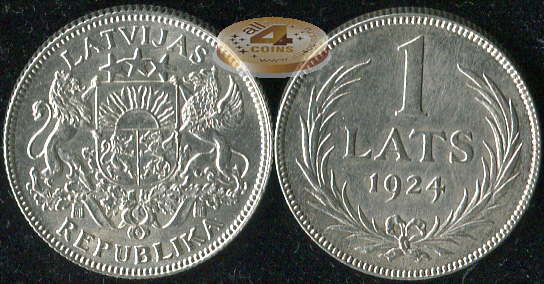Латвия. 1 лат. 1924 (aUnc/Unc. Серебро)