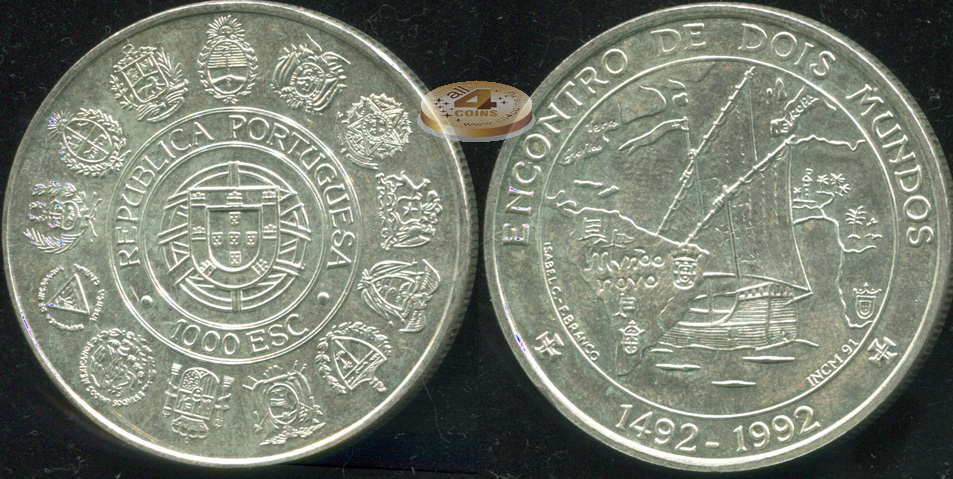 Португалия. 1000 эскудо. 1992 (Unc. Серебро)