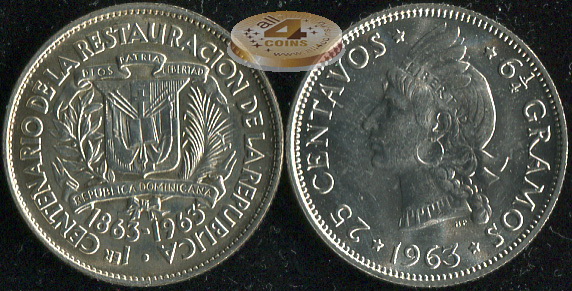 Доминиканская республика. 25 центаво. 1963 (Unc. Серебро)