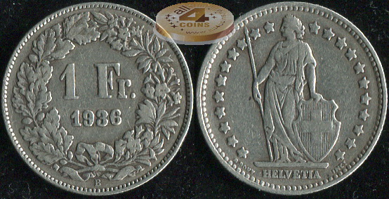 Швейцария. 1 франк. 1936 (VF+. Серебро)
