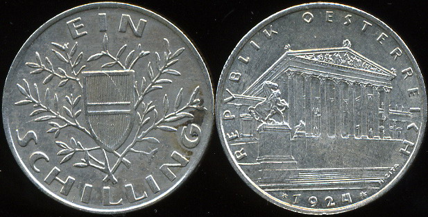 Австрия. 1 шиллинг. 1924 (aUnc. Серебро)