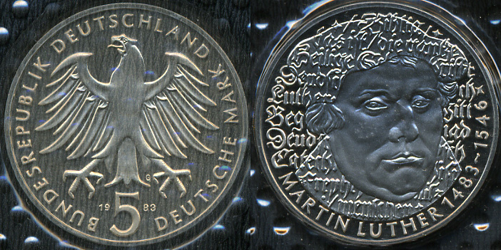 Германия (ФРГ). 5 марок. 1983 G (Proof)