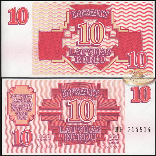 Латвия. 10 латвийских рублей (Unc) 1992
