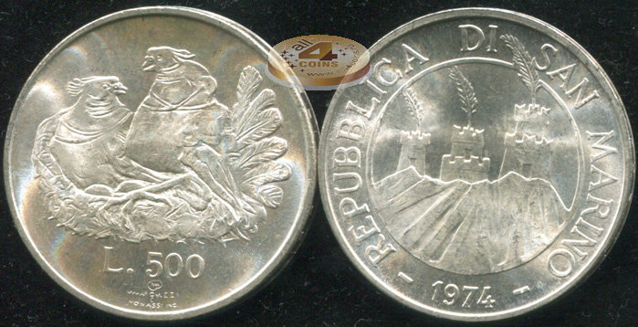 Сан-Марино. 500 лир. 1974 (Unc. Серебро)