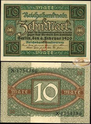 Германия [Веймарская респ.]. Банкнота 10 марок. 06.02.1920. Unc. Бумага. Кат.# Rb.63a (J, Serie X)