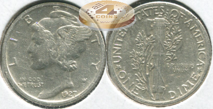 США. 10 центов [Дайм]. 1927 (VF+/XF. Серебро)