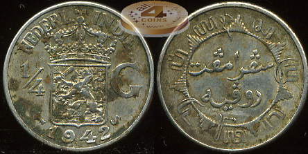 Нидерландская Индия. 1/4 гульдена. 1942 (XF. Серебро)
