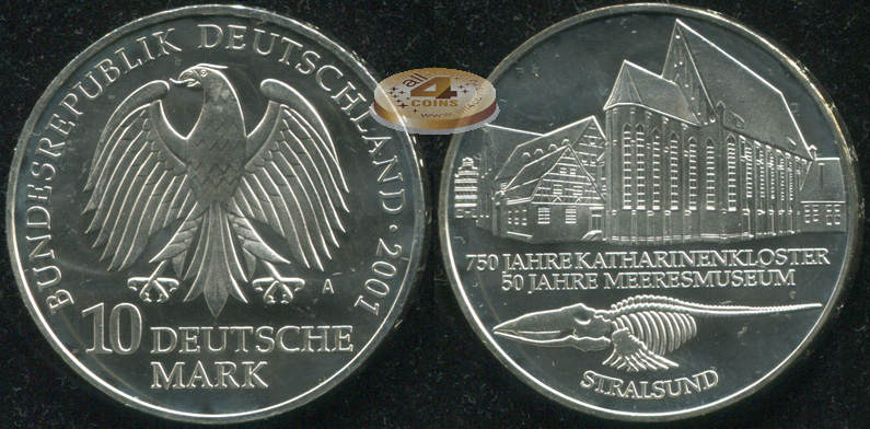 Германия [ФРГ]. 10 марок. 2001.A (Unc. Серебро)