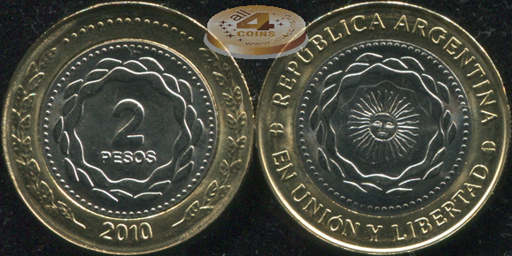 Аргентина. 2 песо. 2010 (Unc. Биметалл)