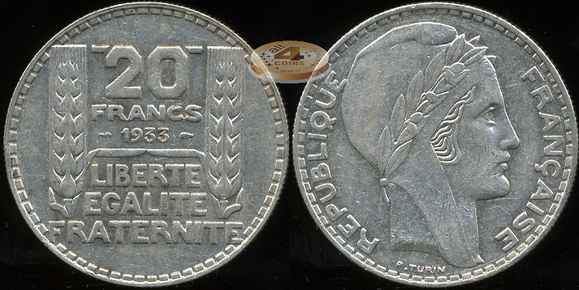 Франция. 20 франков. 1933 (XF. Серебро)