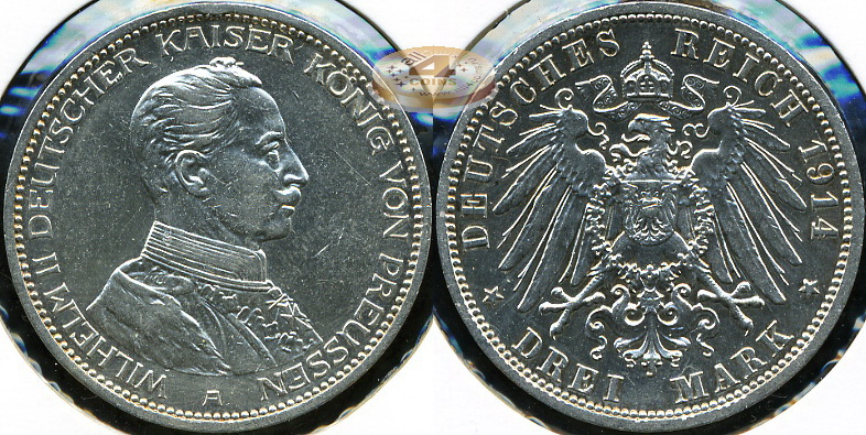 Германия (Пруссия). 3 марки. 1913 A (XF. Серебро)