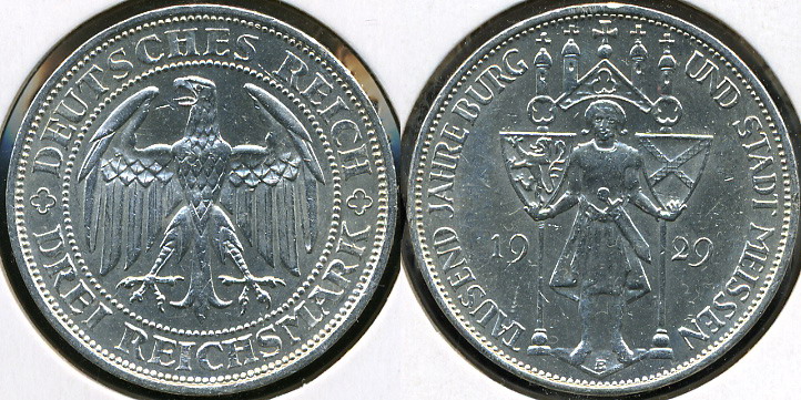 Германия (Веймар). 3 рейхсмарки. 1929(E) (aUnc. Серебро)