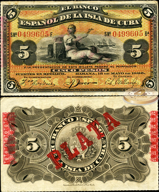 Куба. 5 песо (VF++) 1896