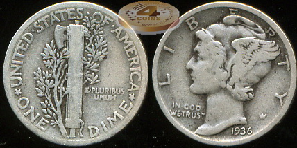США. 10 центов (Дайм). 1936 (aVF. Серебро)