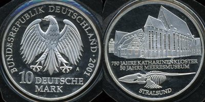 Германия (ФРГ). 10 марок. 2001 (A) (Proof. Серебро)