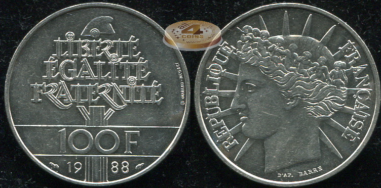 Франция. 100 франков. 1988 (Unc. Серебро)