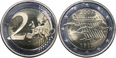 Финляндия Монета 2 евро. 2007 (Unc. Биметалл) 90-летие провозглашения независимости Финляндии