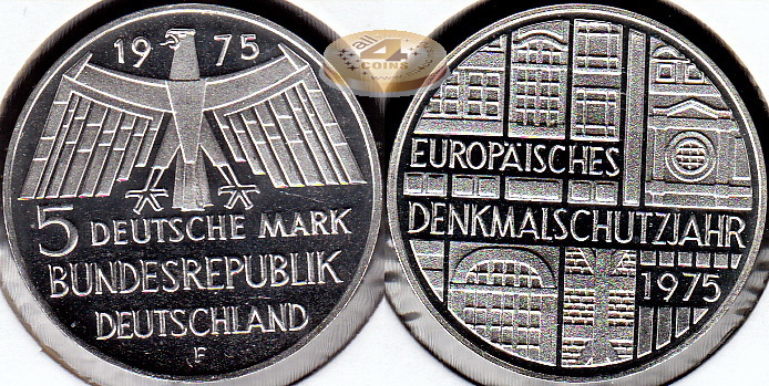 Германия (ФРГ). 5 марок. 1975 F (Proof. Серебро)