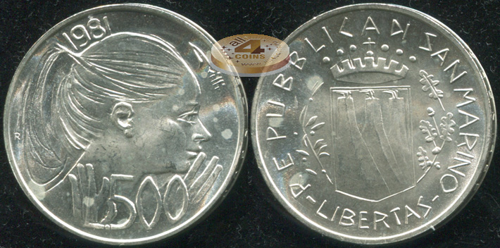 Сан-Марино. 500 лир. 1981 (Unc. Серебро)
