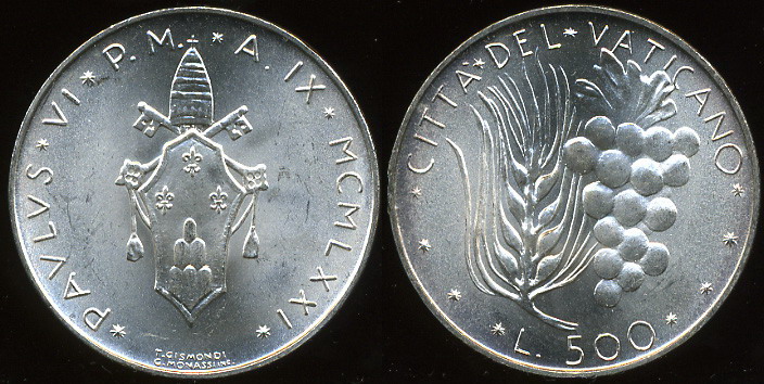 Ватикан. 500 лир. 1971 (Unc. Серебро)