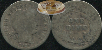 США. 10 центов (Дайм). 1907 (AG. Серебро)