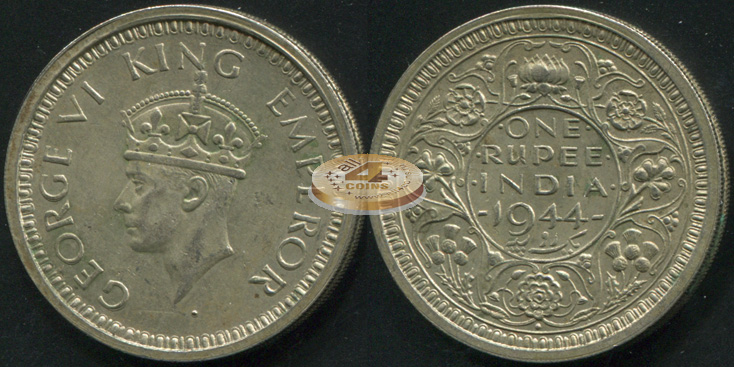 Британская Индия. 1 рупия. 1944 (XF. Серебро)