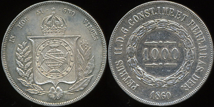 Бразилия. 1000 рейс. 1860 (aUnc. Серебро)