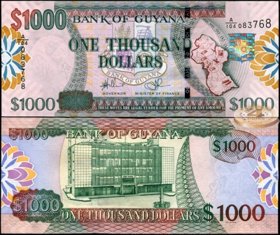 Гайана. Банкнота 1000 долларов. ND(2011). Unc. Бумага. Кат.# P.39a
