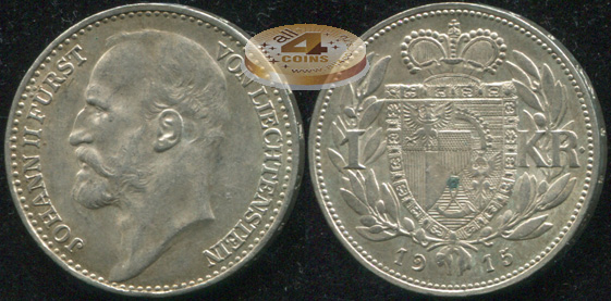 Лихтенштейн. 1 крона. 1915 (aUnc. Серебро)