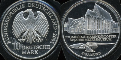 Германия (ФРГ). 10 марок. 2001 (F) (Proof. Серебро)