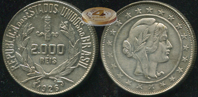 Бразилия. 2000 рейс. 1926 (aUnc. Серебро)