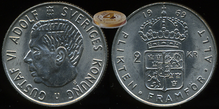 Швеция. 2 кроны. 1969 (Unc)