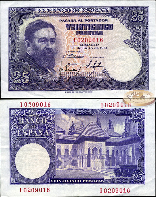 Испания. 25 песет (XF+) 1954