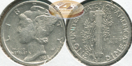 США. 10 центов [Дайм]. 1938 (VF. Серебро)