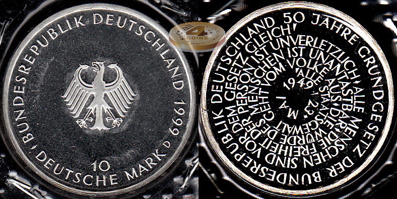 Германия (ФРГ). 10 марок. 1999 D (Proof. Серебро) 
