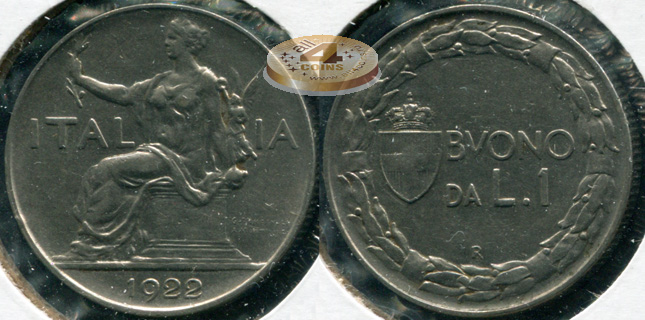 Италия. 1 лира. 1922.R (XF+)