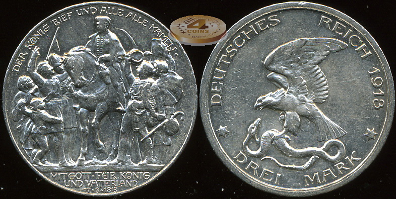 Германия (Пруссия). 3 марки. 1913(A) (aUnc. Серебро)