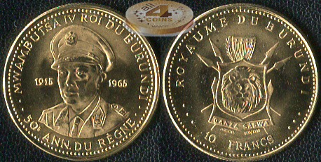 Бурунди. 10 франков. 1965 (matt-Proof. Золото)