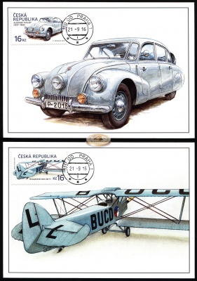 Чехия. 2016. Автомобиль Tatra 87 и Биплан Aero Ab-11 (Серия картмаксимумов. M)