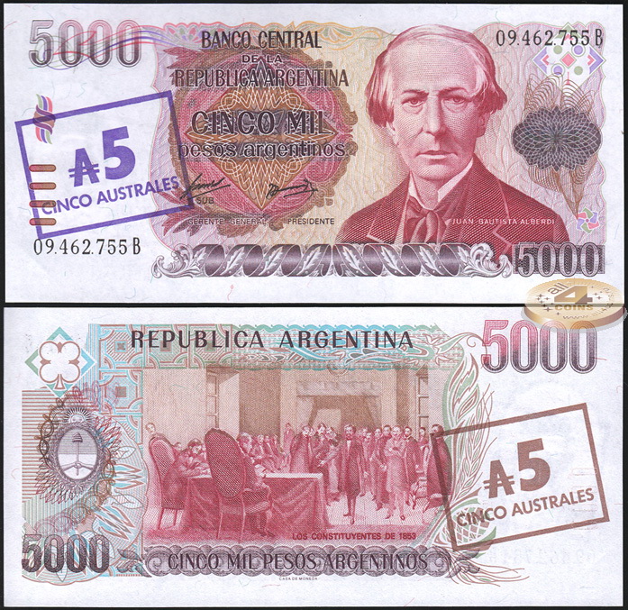 Аргентина. 5 аустрелей (надпечатка, Unc) 1985