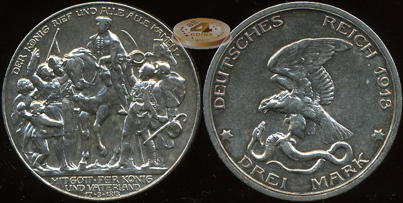 Германия (Пруссия). 3 марки. 1913(A) (XF+. Серебро)