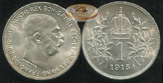 Австро-Венгрия [Австрия]. 1 крона. 1915 (aUnc+/Unc. Серебро)