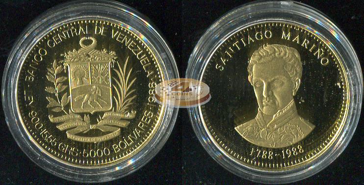 Венесуэла. 5000 боливаров. 1988 (Proof. Золото)
