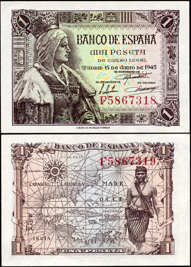 Испания. 1 песета (Unc) 1945